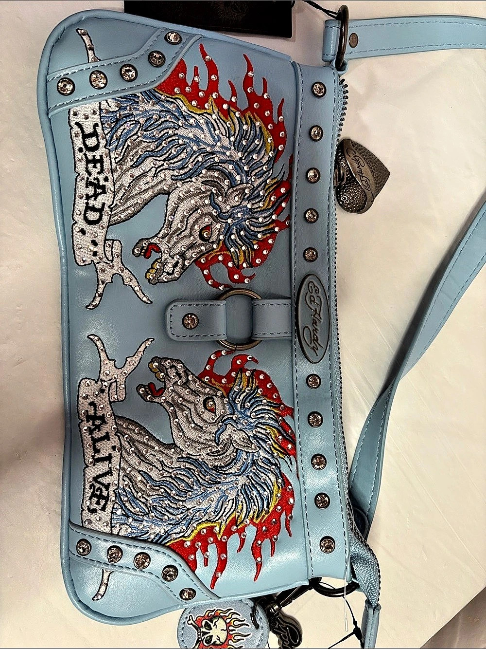 Ed Hardy EHF260-24 Blue & Red Studded Shoulder Bag